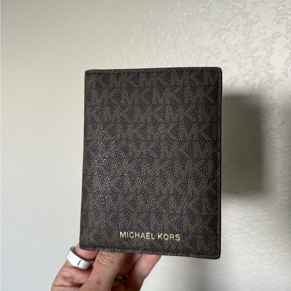 Michael Kors Dark Brown Logo Passport Holder with Gold Logo